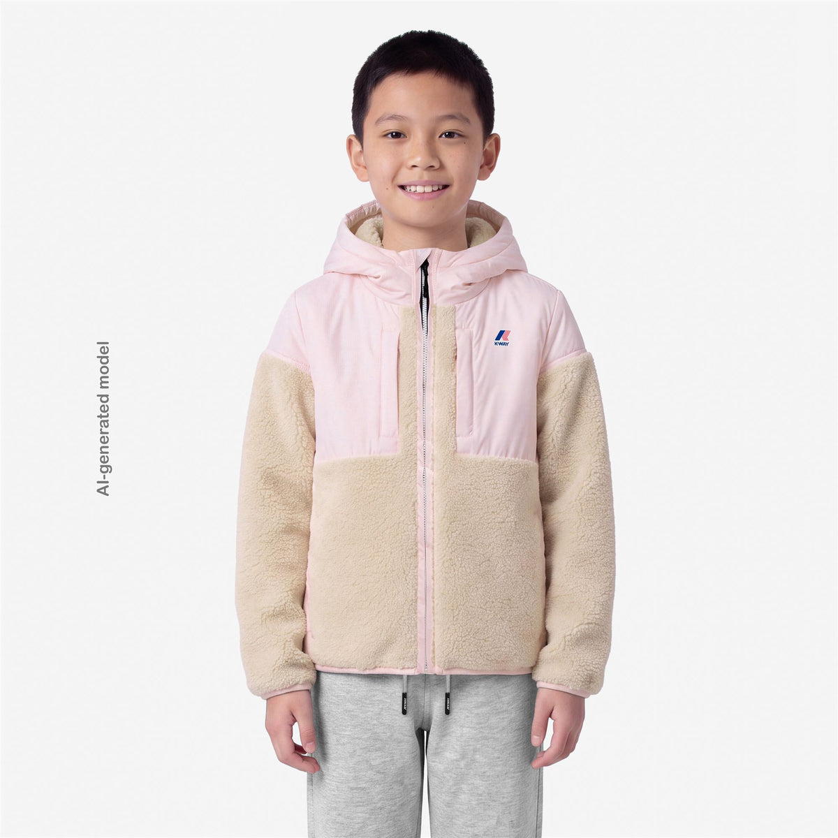 Fleece_KID UNISEX_P. SAMSON 4.0 ORSETTO_Hoodie Full Zip_White Tofu-Pink Sallow - Commercial 4