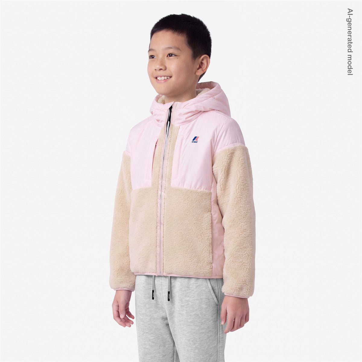 Fleece_KID UNISEX_P. SAMSON 4.0 ORSETTO_Hoodie Full Zip_White Tofu-Pink Sallow - Commercial 5